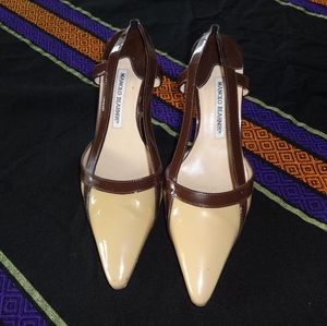 Manolo Blahnik two tone slingback kitten heels
